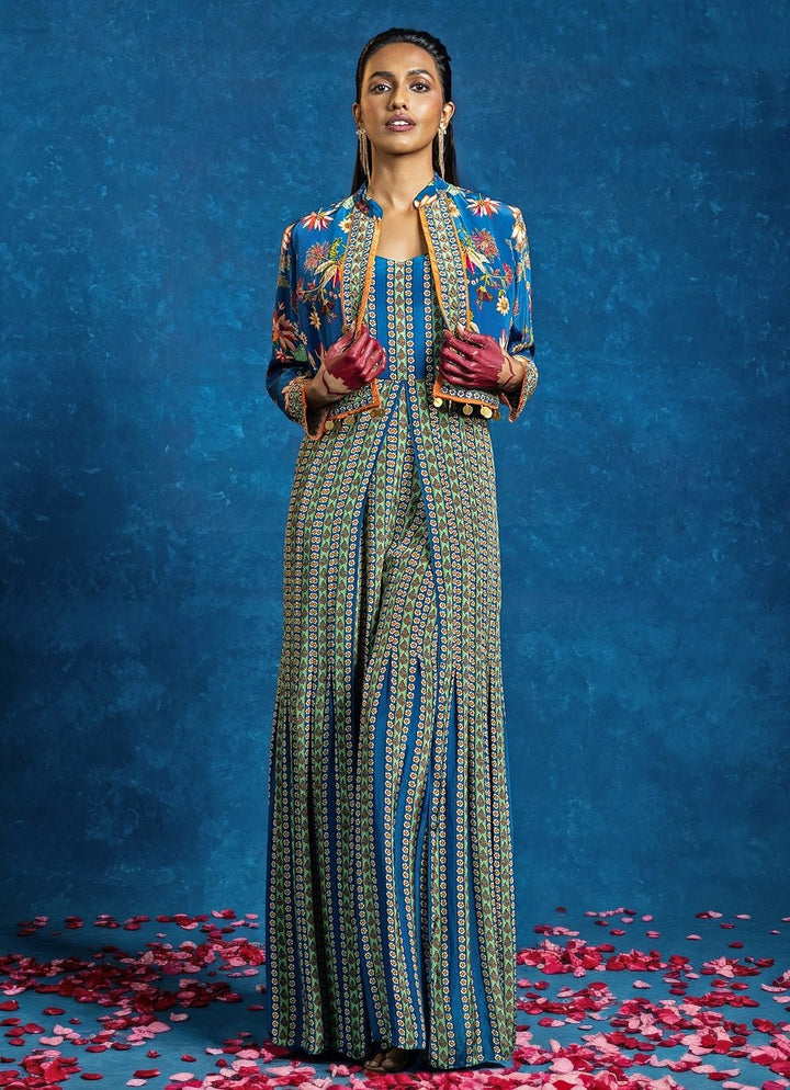 Blue Printed Crepe Flared Jumpsuit With Jacket Soup by Sougat Paul - Fabilicious Fashion
