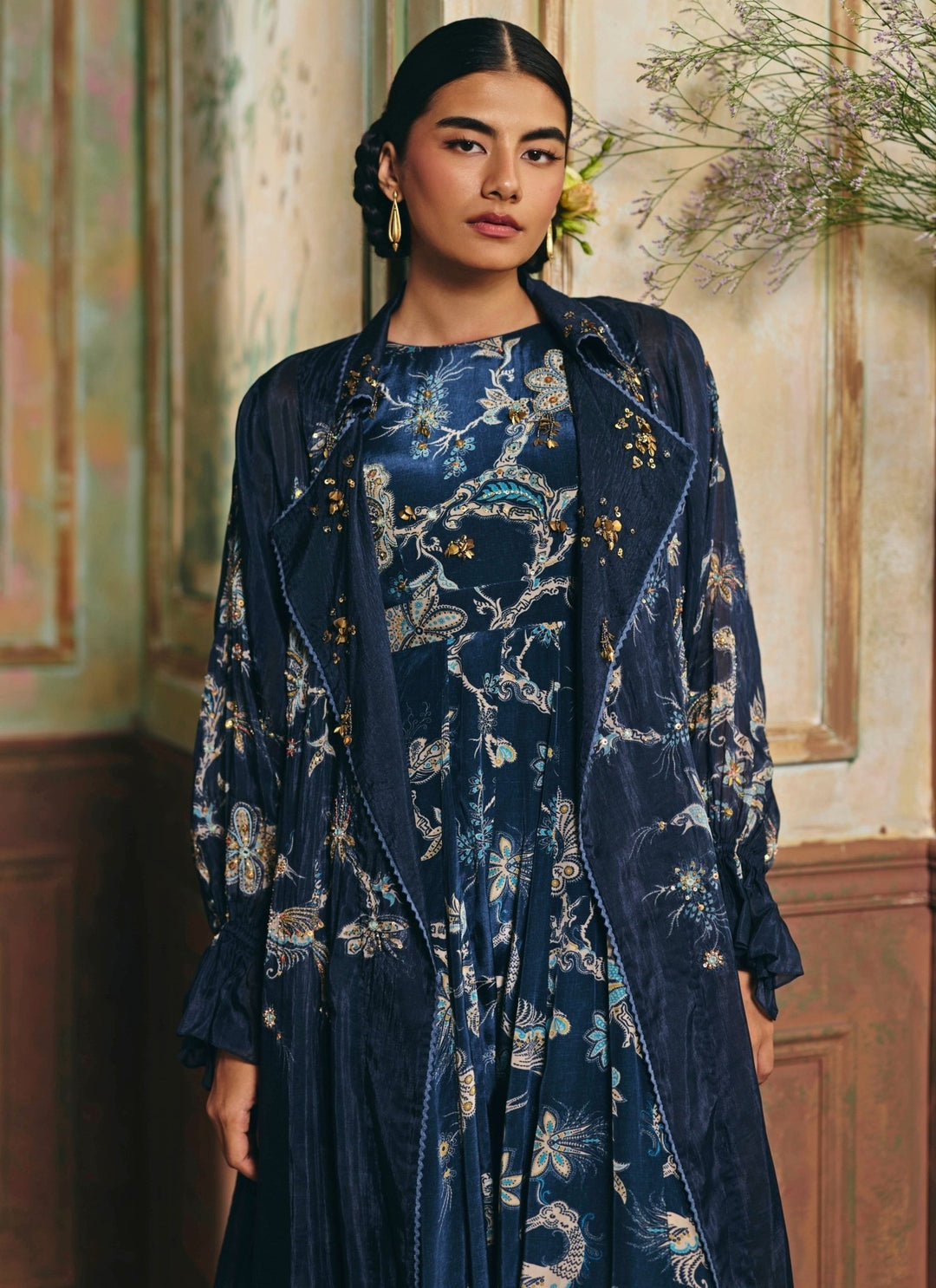 Paulmi and Harsh Blue Printed Crepe Jumpsuit With JacketFabilicious Fashion