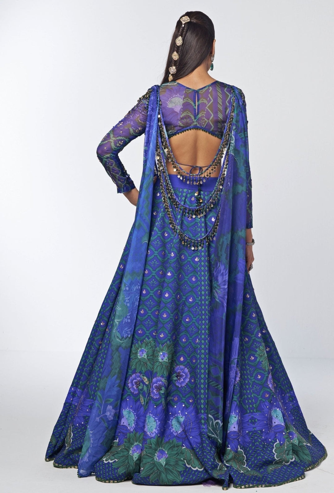 Rishi and Vibhuti Blue Printed Crepe Lehenga Set With CapeFabilicious Fashion