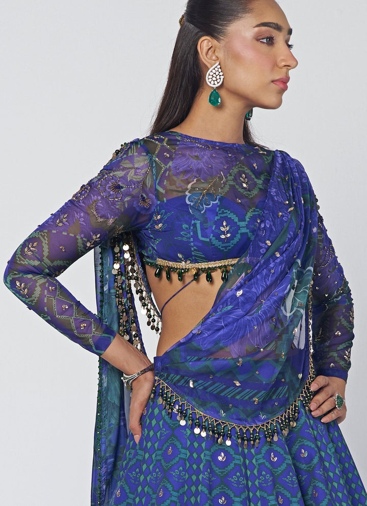 Rishi and Vibhuti Blue Printed Crepe Lehenga Set With CapeFabilicious Fashion