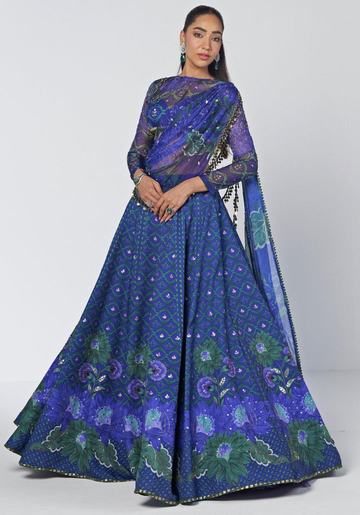 Rishi and Vibhuti Blue Printed Crepe Lehenga Set With CapeFabilicious Fashion