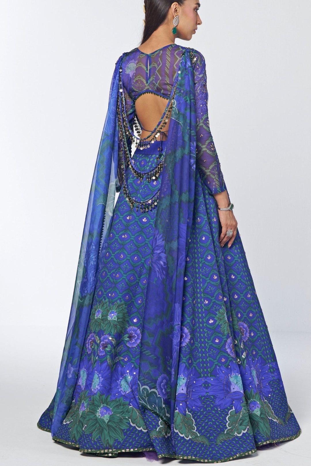 Rishi and Vibhuti Blue Printed Crepe Lehenga Set With CapeFabilicious Fashion