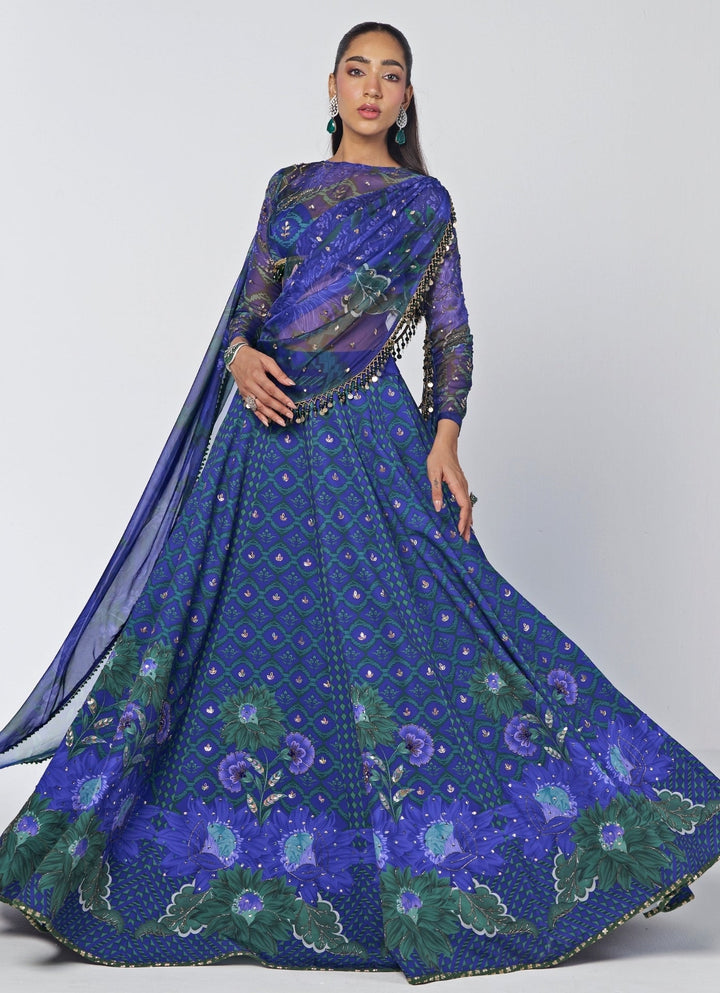 Rishi and Vibhuti Blue Printed Crepe Lehenga Set With CapeFabilicious Fashion