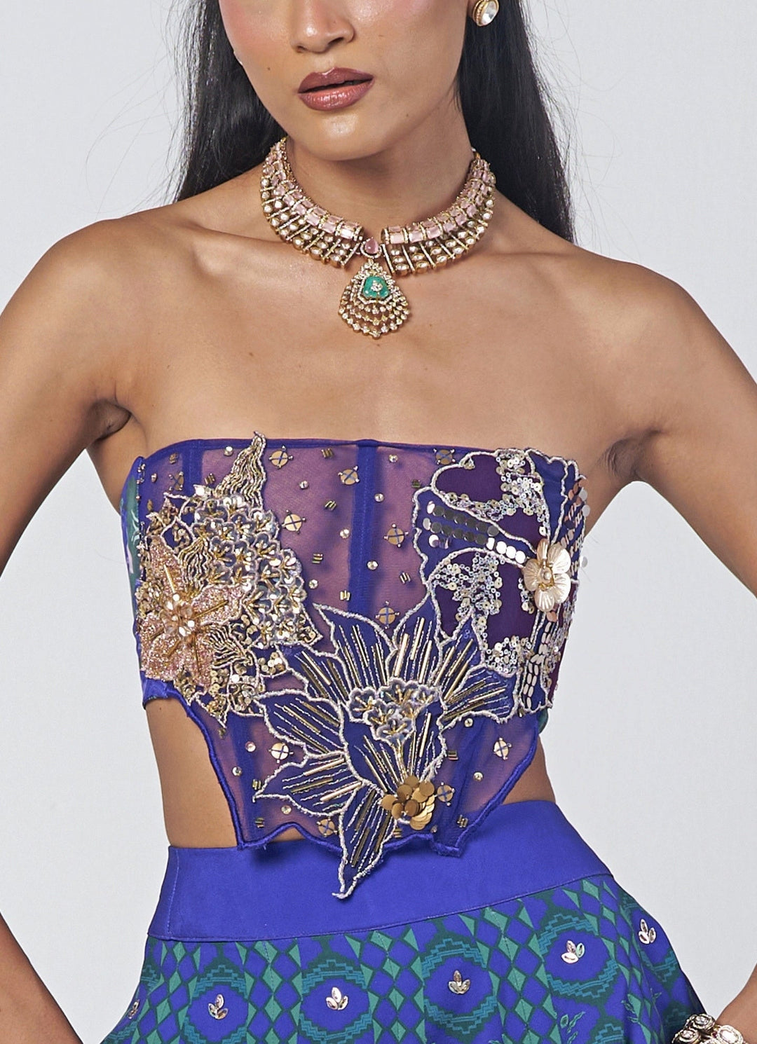 Rishi and Vibhuti Blue Printed Crepe Lehenga Set With CorsetFabilicious Fashion
