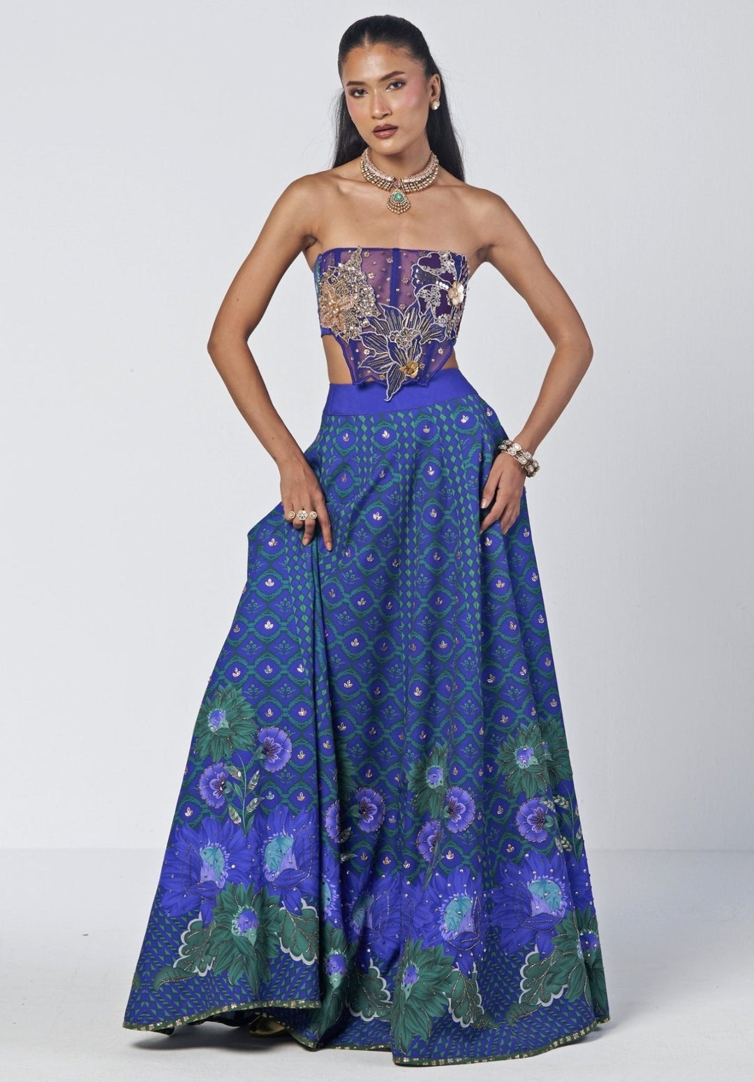 Rishi and Vibhuti Blue Printed Crepe Lehenga Set With CorsetFabilicious Fashion