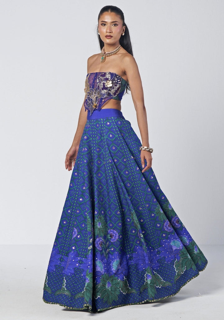 Rishi and Vibhuti Blue Printed Crepe Lehenga Set With CorsetFabilicious Fashion