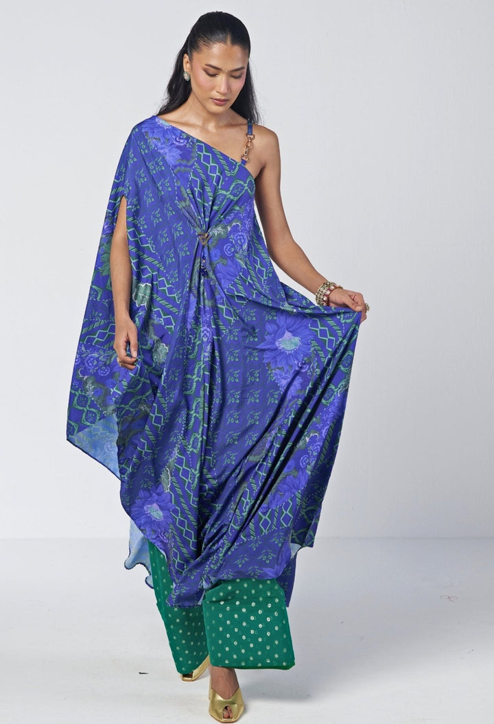 Rishi and Vibhuti Blue Printed Crepe One Shoulder Kaftan With Farshi SalwarFabilicious Fashion
