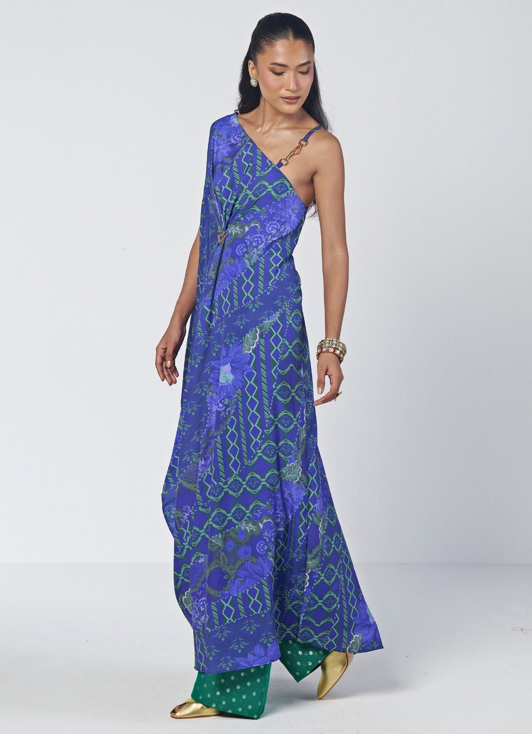 Rishi and Vibhuti Blue Printed Crepe One Shoulder Kaftan With Farshi SalwarFabilicious Fashion