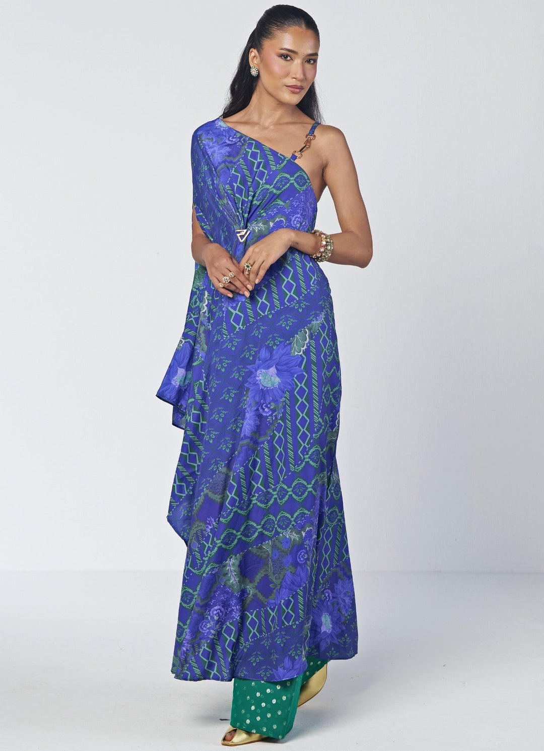 Rishi and Vibhuti Blue Printed Crepe One Shoulder Kaftan With Farshi SalwarFabilicious Fashion