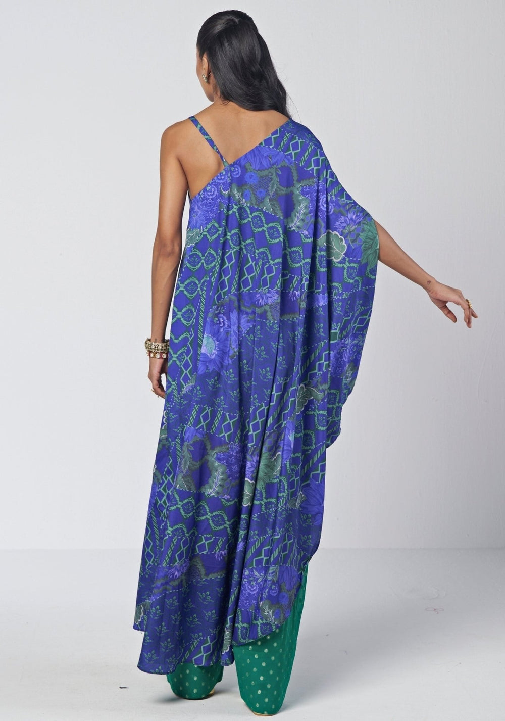 Rishi and Vibhuti Blue Printed Crepe One Shoulder Kaftan With Farshi SalwarFabilicious Fashion