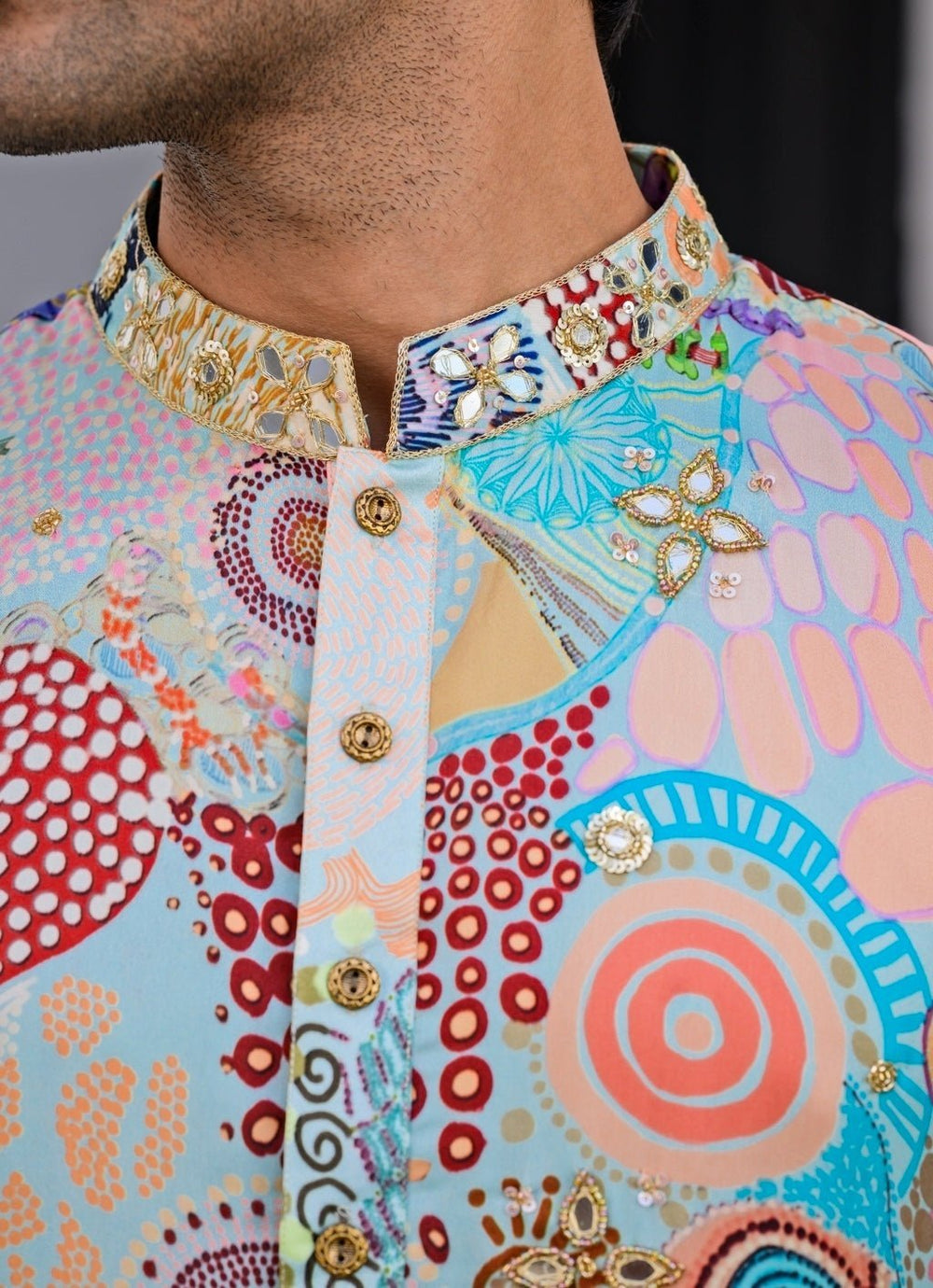 Blue Printed Embroidered Organza Kurta Juhi Bengani - Men - Fabilicious Fashion