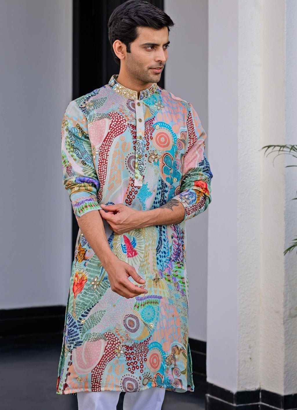 Blue Printed Embroidered Organza Kurta Juhi Bengani - Men - Fabilicious Fashion