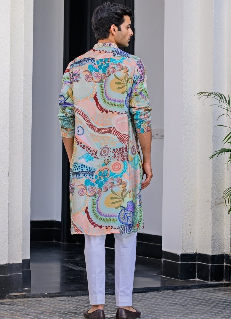 Blue Printed Embroidered Organza Kurta Juhi Bengani - Men - Fabilicious Fashion