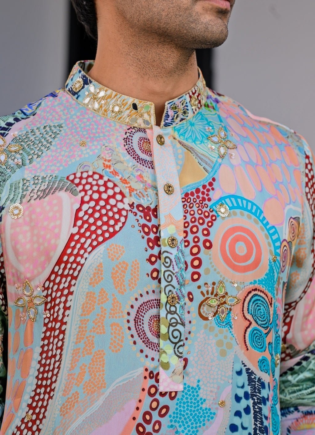 Blue Printed Embroidered Organza Kurta Juhi Bengani - Men - Fabilicious Fashion