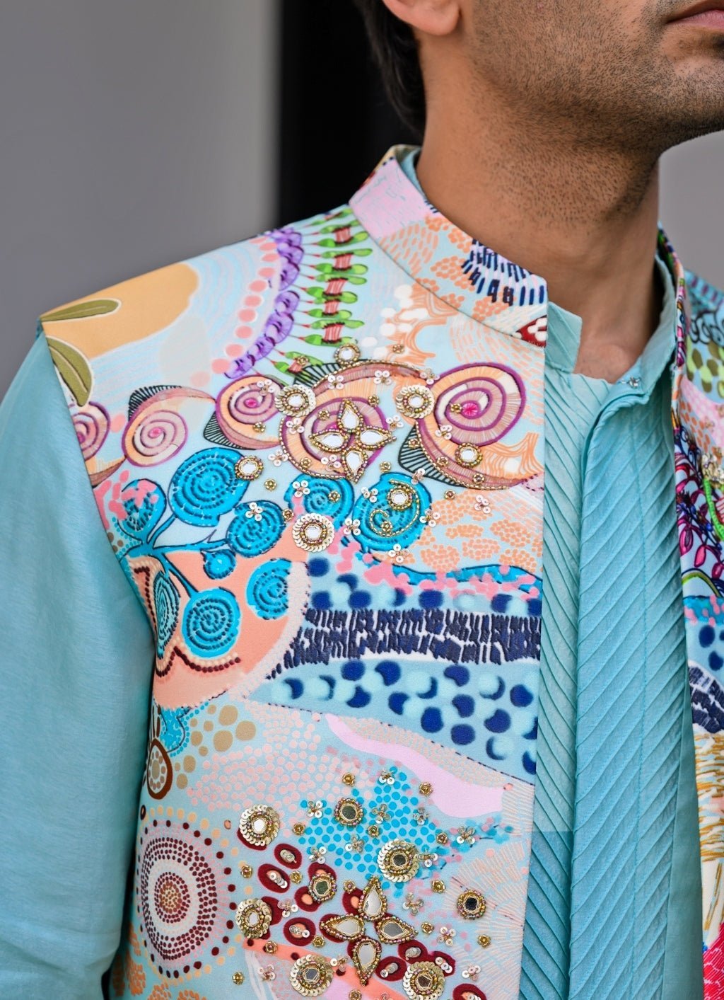 Blue Printed Embroidered Silk Nehru Jacket Juhi Bengani - Men - Fabilicious Fashion