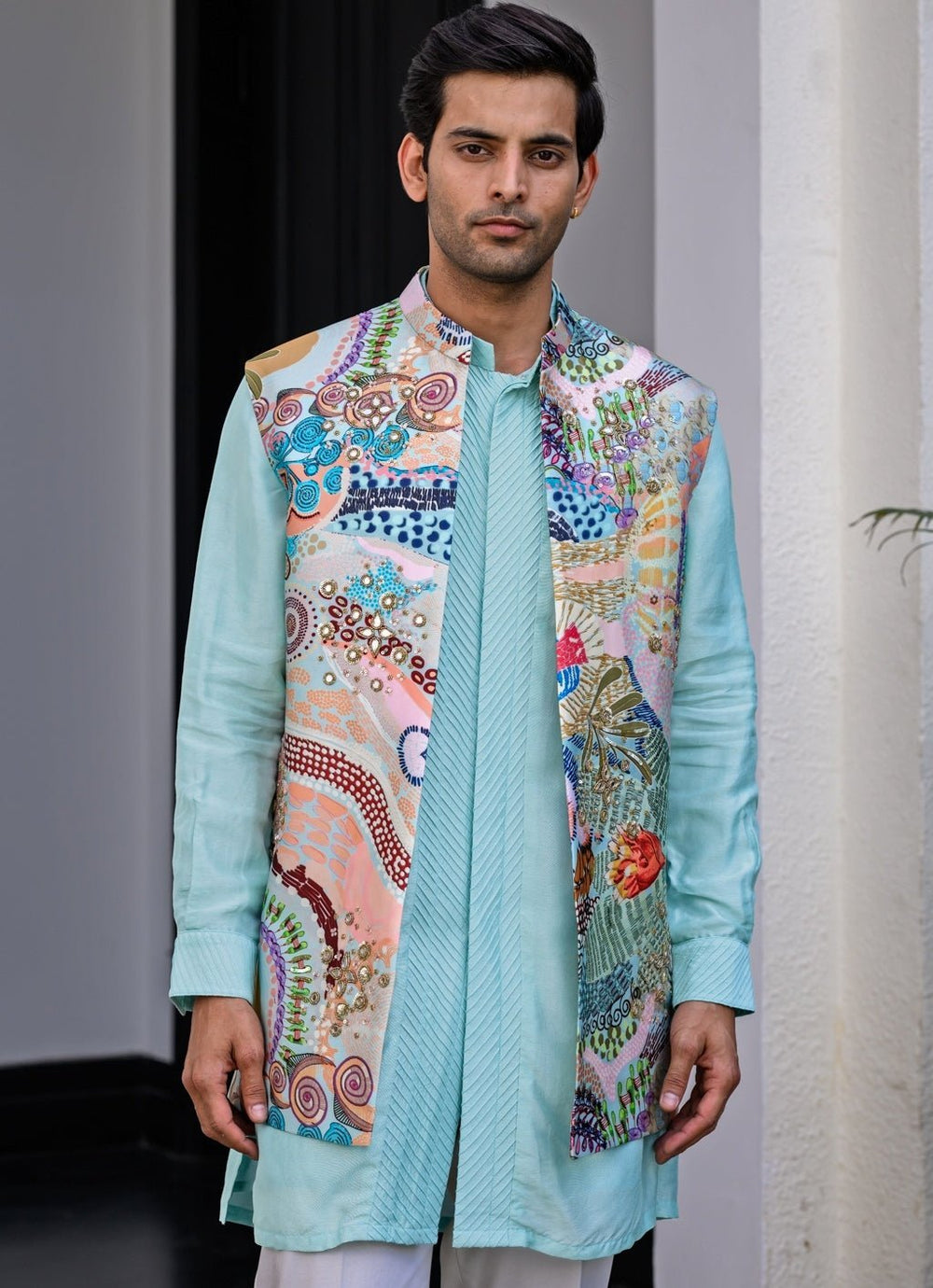 Blue Printed Embroidered Silk Nehru Jacket Juhi Bengani - Men - Fabilicious Fashion