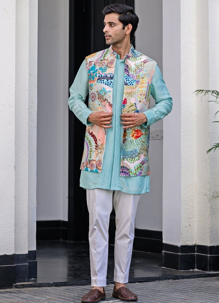 Blue Printed Embroidered Silk Nehru Jacket Juhi Bengani - Men - Fabilicious Fashion