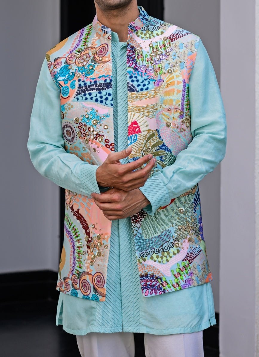 Blue Printed Embroidered Silk Nehru Jacket Juhi Bengani - Men - Fabilicious Fashion