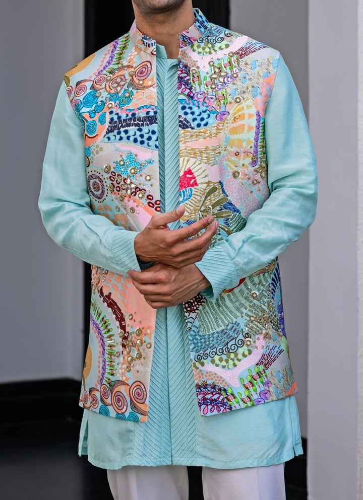 Blue Printed Embroidered Silk Nehru Jacket Juhi Bengani - Men - Fabilicious Fashion