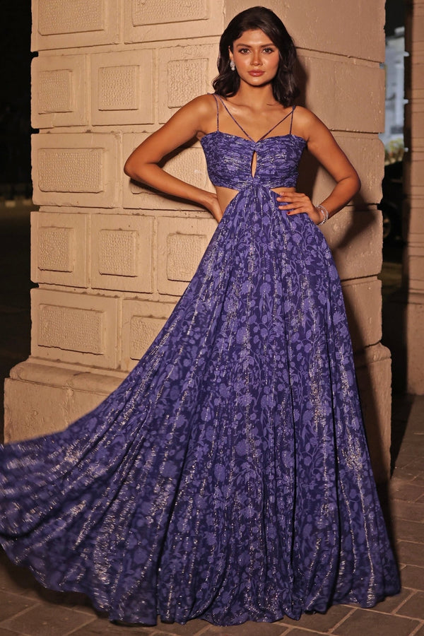 Blue printed georgette gown for a wedding reception