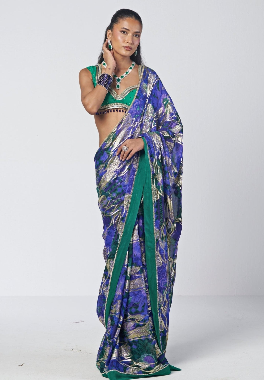 Rishi and Vibhuti Blue Printed Georgette Jacquard SareeFabilicious Fashion