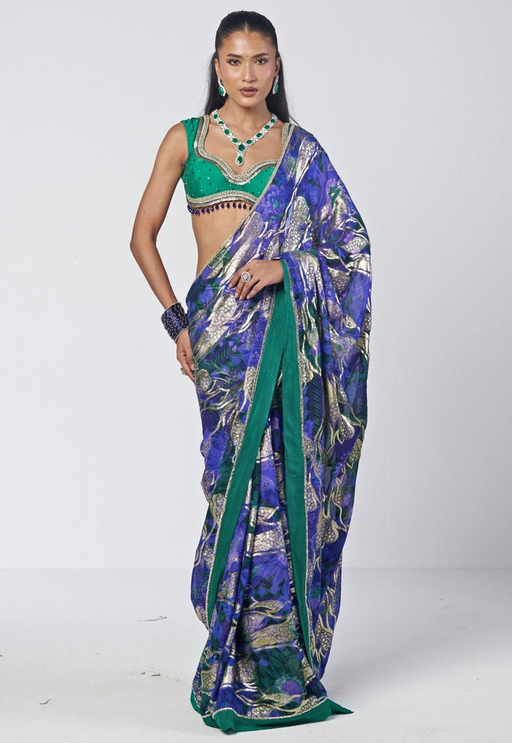 Rishi and Vibhuti Blue Printed Georgette Jacquard SareeFabilicious Fashion