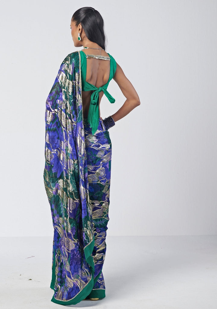 Rishi and Vibhuti Blue Printed Georgette Jacquard SareeFabilicious Fashion
