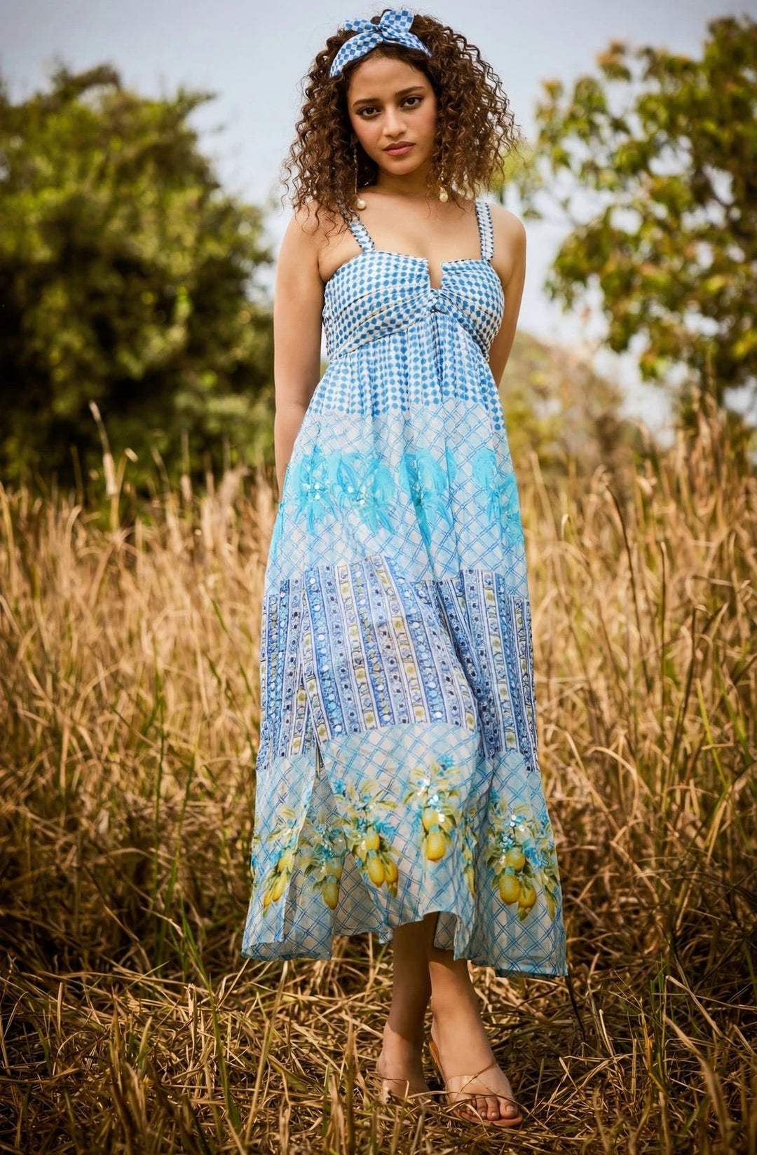 Blue Printed Organza Dress Basil Leaf - Fabilicious Fashion