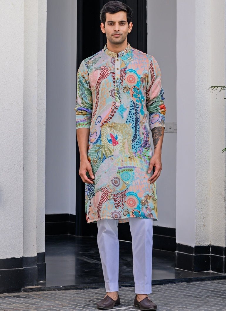 Blue Printed Organza Kurta Pant Set Juhi Bengani - Men - Fabilicious Fashion