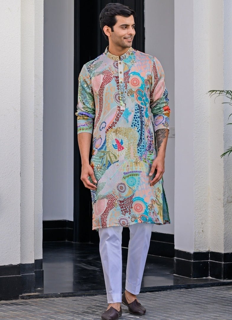 Blue Printed Organza Kurta Pant Set Juhi Bengani - Men - Fabilicious Fashion