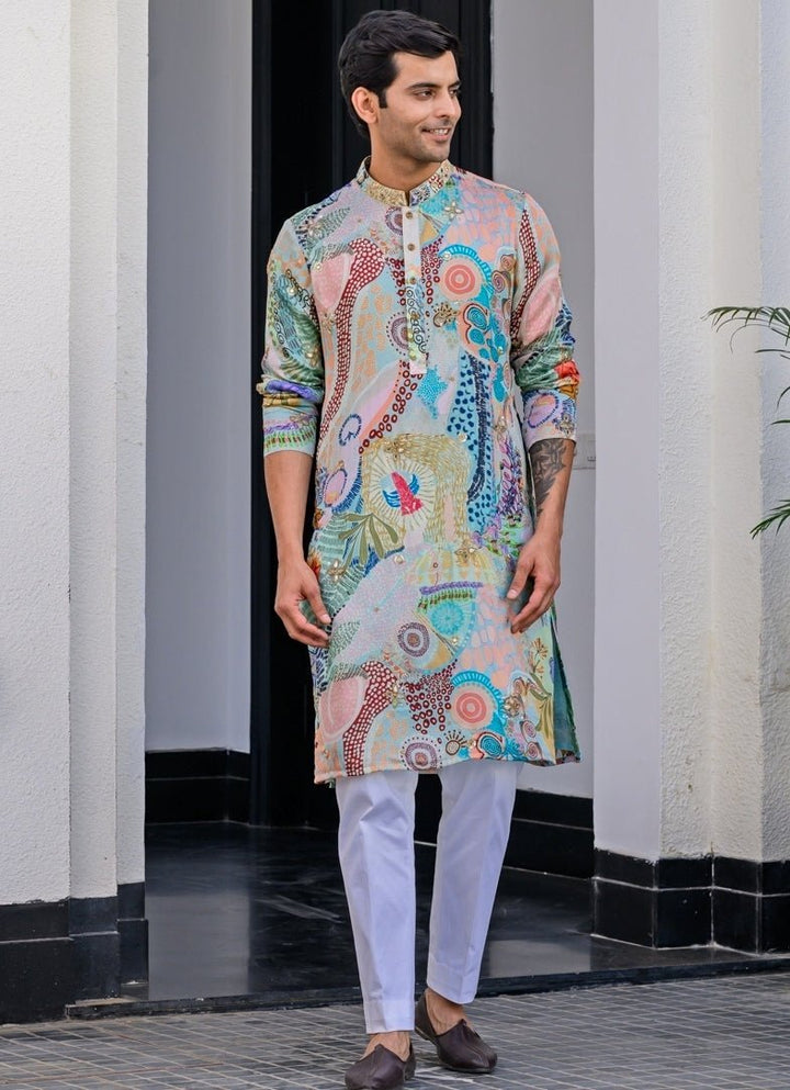 Blue Printed Organza Kurta Pant Set Juhi Bengani - Men - Fabilicious Fashion