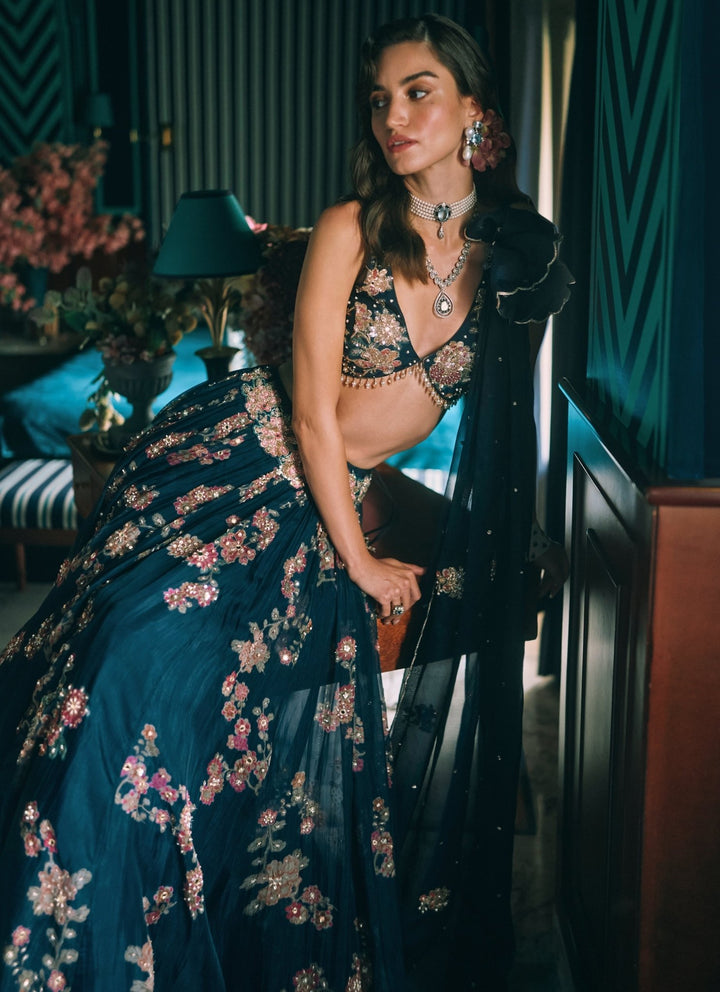 Paulmi and Harsh Blue Printed Organza Lehenga SetFabilicious Fashion