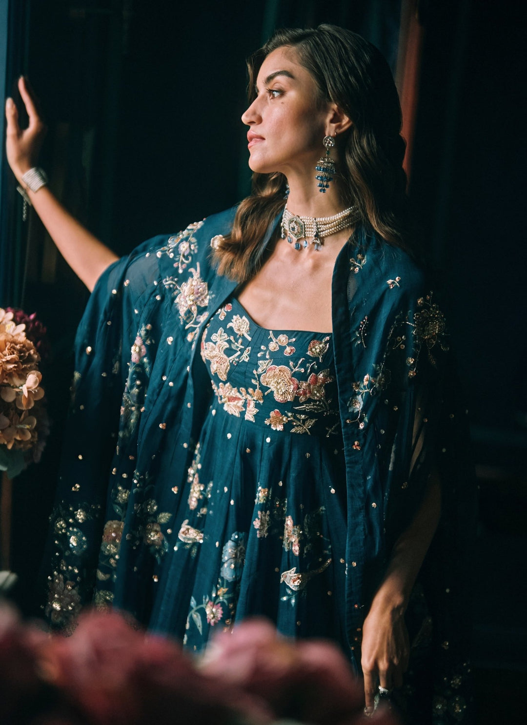 Paulmi and Harsh Blue Printed Organza Maxi With CapeFabilicious Fashion