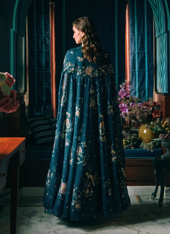 Paulmi and Harsh Blue Printed Organza Maxi With CapeFabilicious Fashion