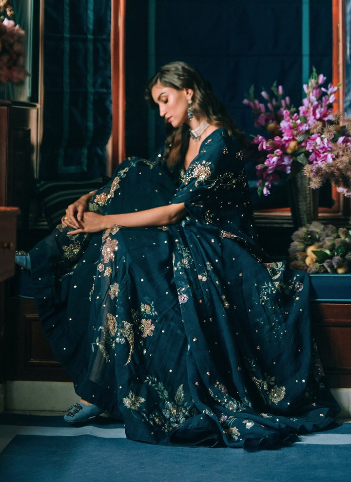 Paulmi and Harsh Blue Printed Organza Maxi With CapeFabilicious Fashion
