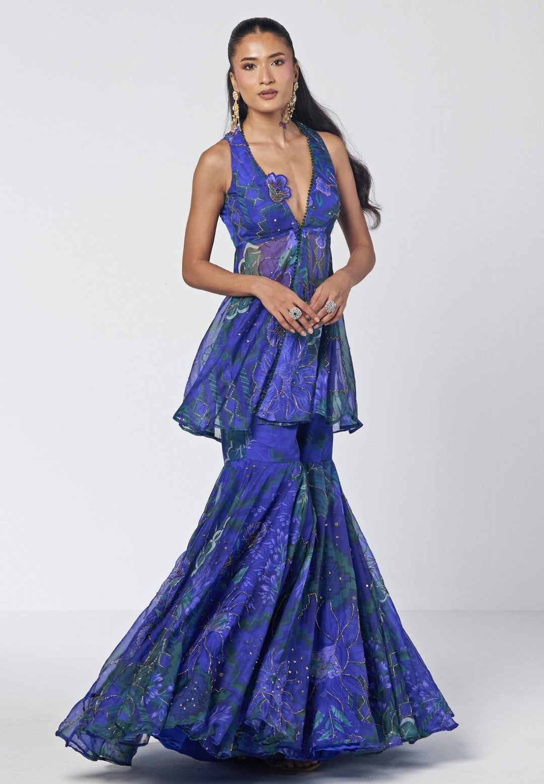 Rishi and Vibhuti Blue Printed Organza Peplum Kurta Sharara SetFabilicious Fashion