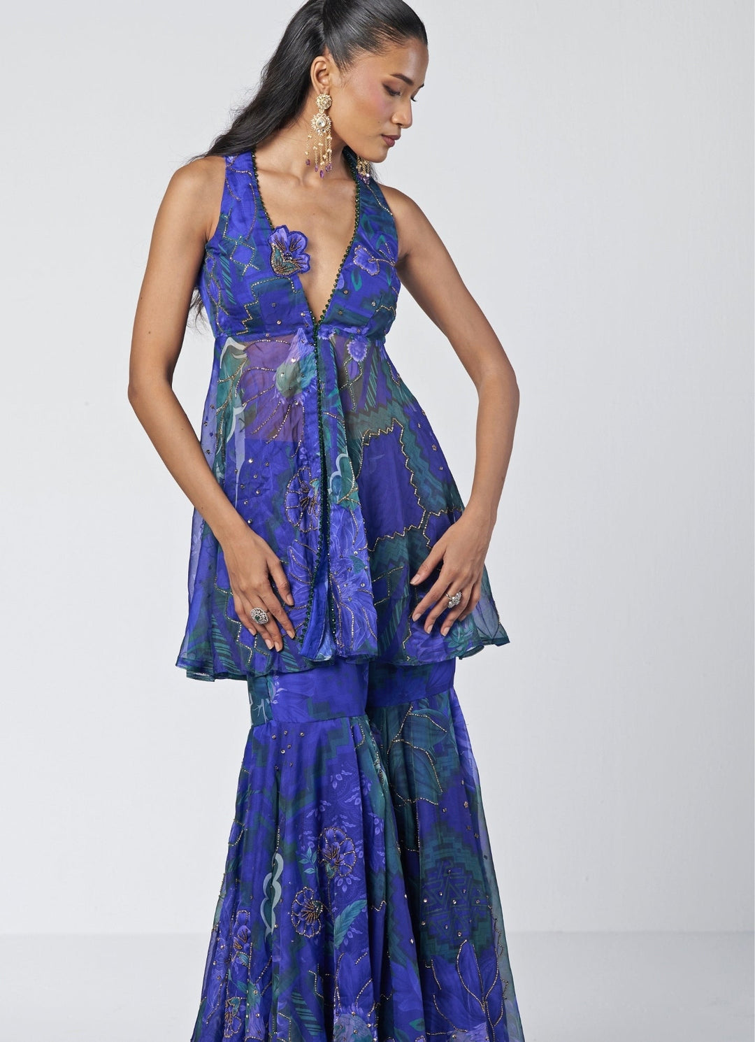Rishi and Vibhuti Blue Printed Organza Peplum Kurta Sharara SetFabilicious Fashion