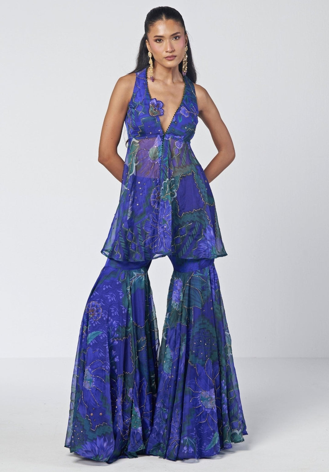 Rishi and Vibhuti Blue Printed Organza Peplum Kurta Sharara SetFabilicious Fashion