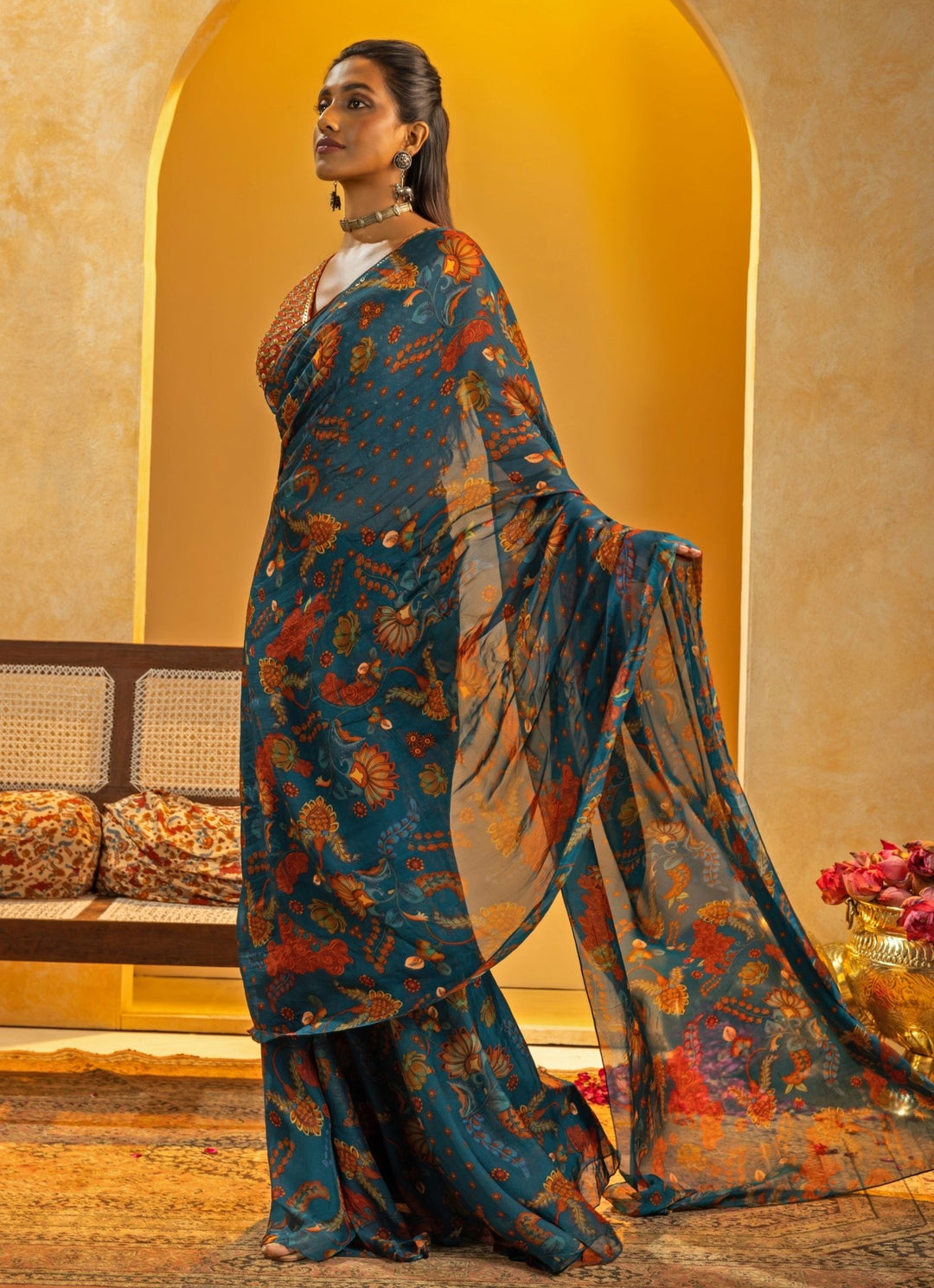 Blue Printed Organza Pre - Drape Saree Set Soup by Sougat Paul - Fabilicious Fashion