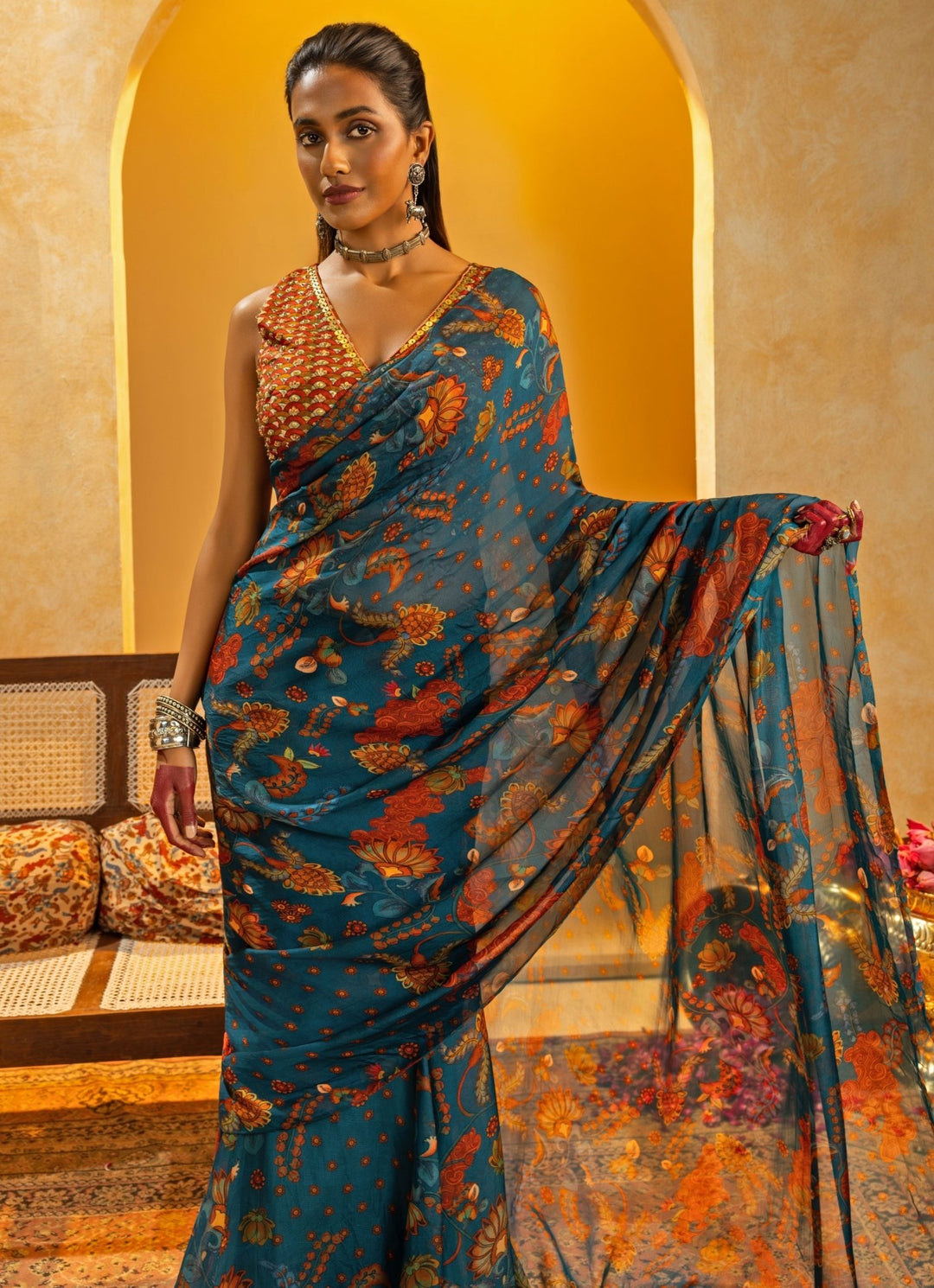 Blue Printed Organza Pre - Drape Saree Set Soup by Sougat Paul - Fabilicious Fashion