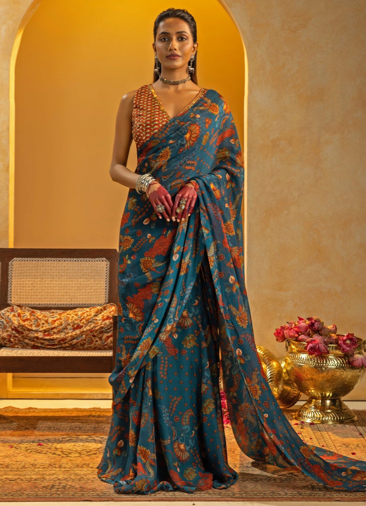 Blue Printed Organza Pre - Drape Saree Set Soup by Sougat Paul - Fabilicious Fashion