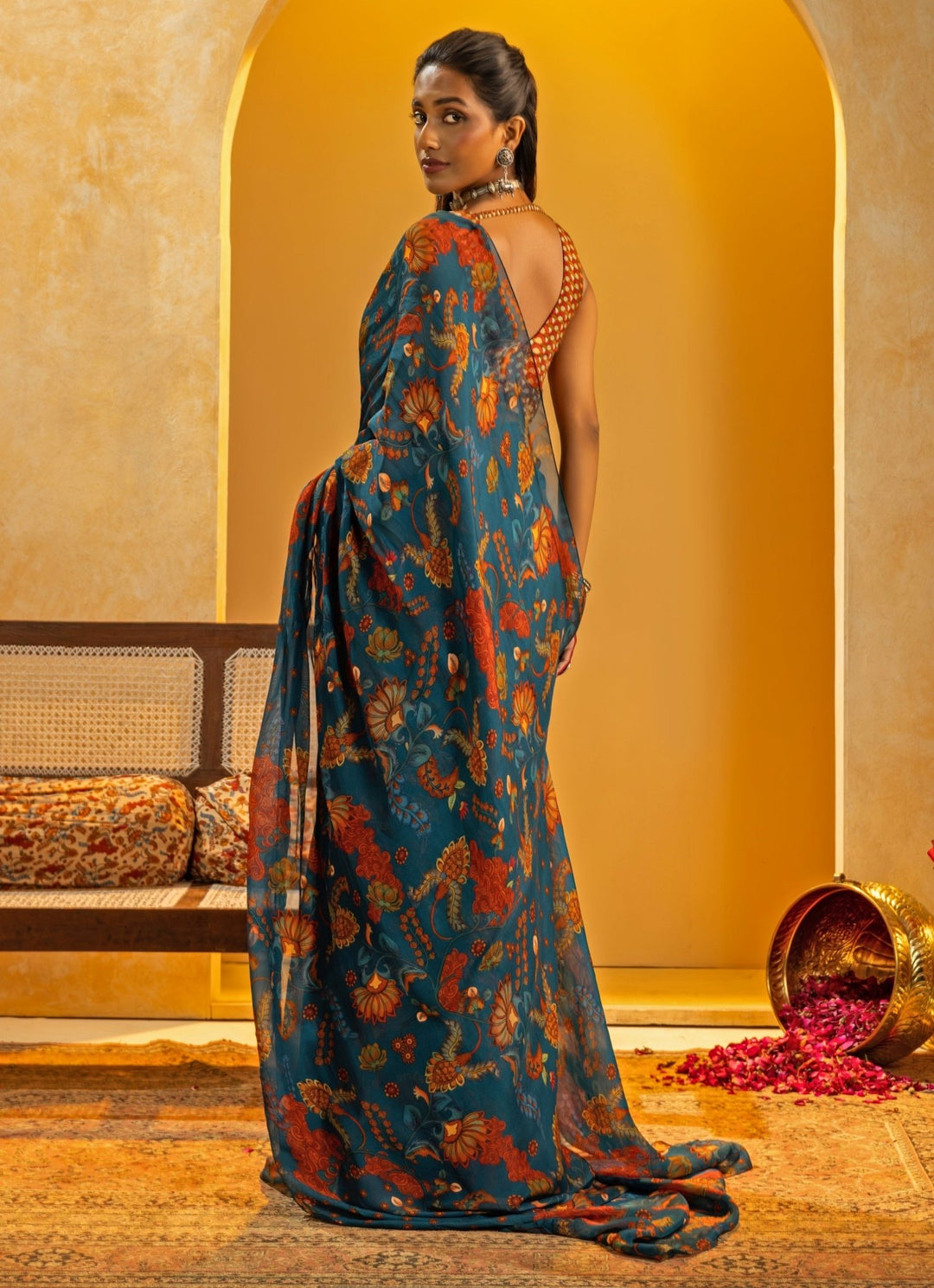 Blue Printed Organza Pre - Drape Saree Set Soup by Sougat Paul - Fabilicious Fashion