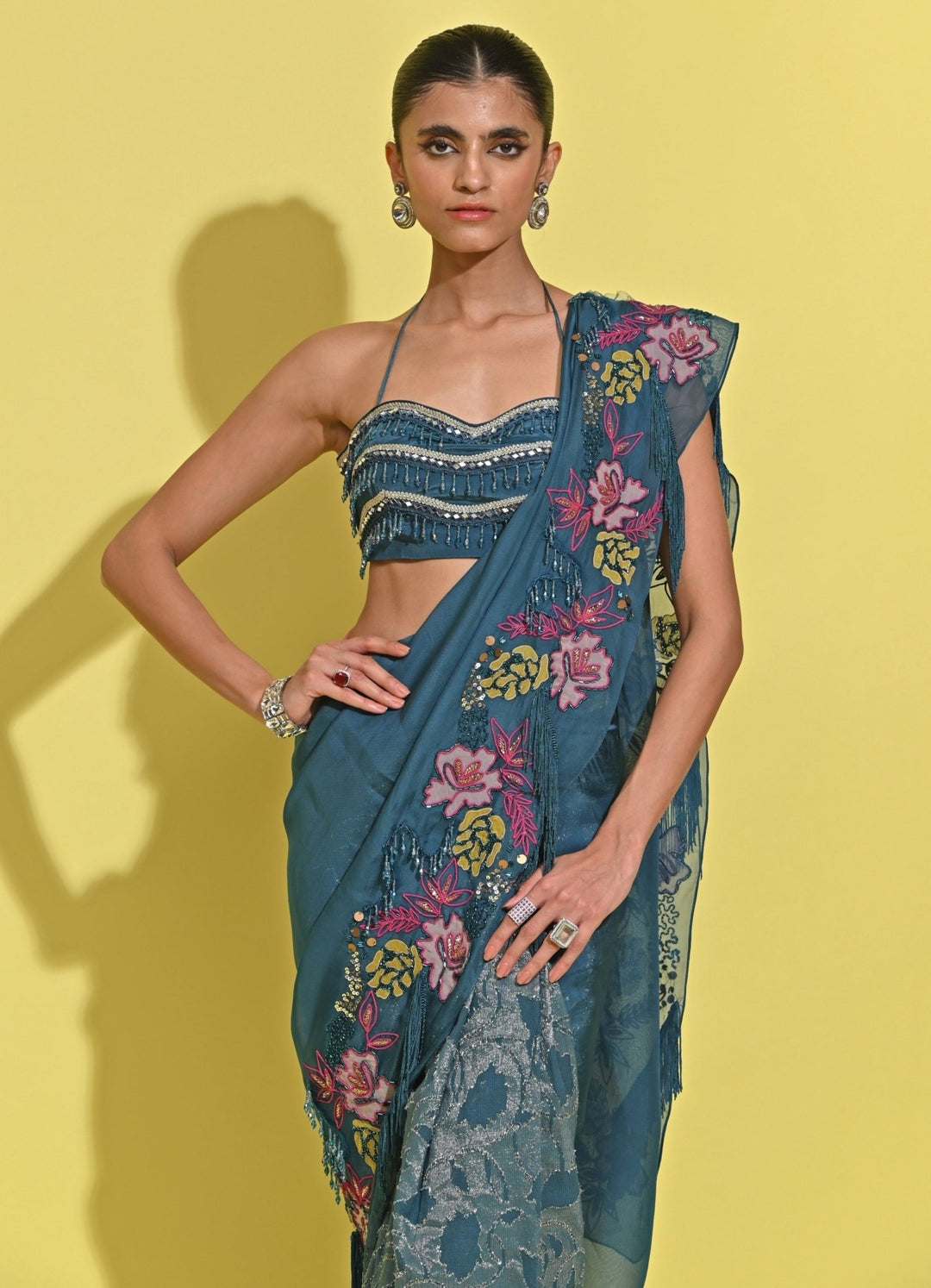 Rishi And Vibhuti Blue Printed Organza Pre-Draped SareeFabilicious Fashion