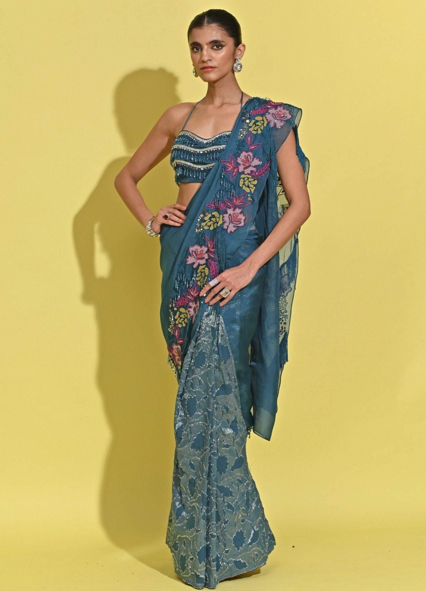 Blue Printed Organza Pre-Draped Saree by Rishi and Vibhuti — easy wedding guest saree