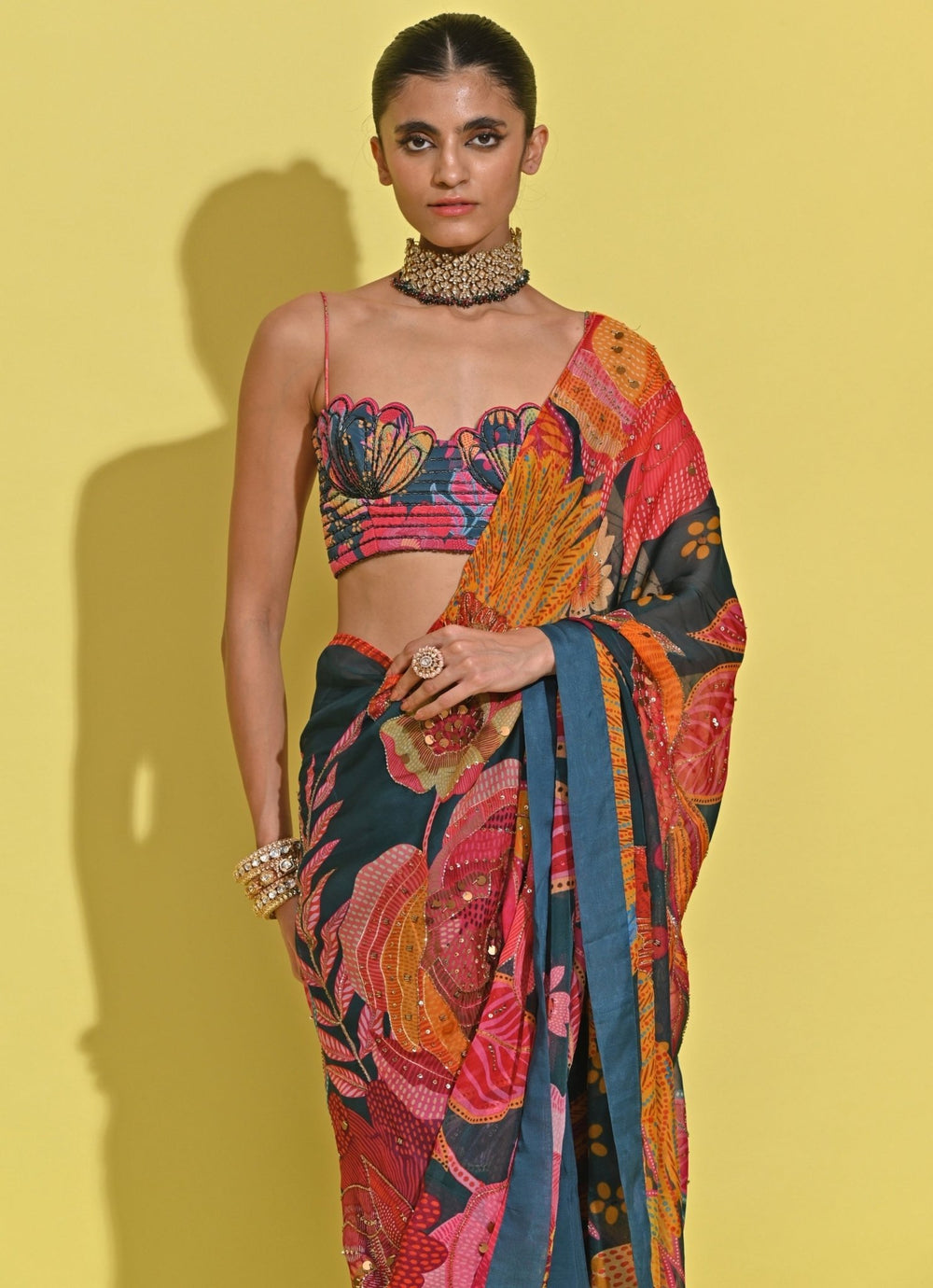 Rishi And Vibhuti Blue Printed Organza Saree With Corset BlouseFabilicious Fashion