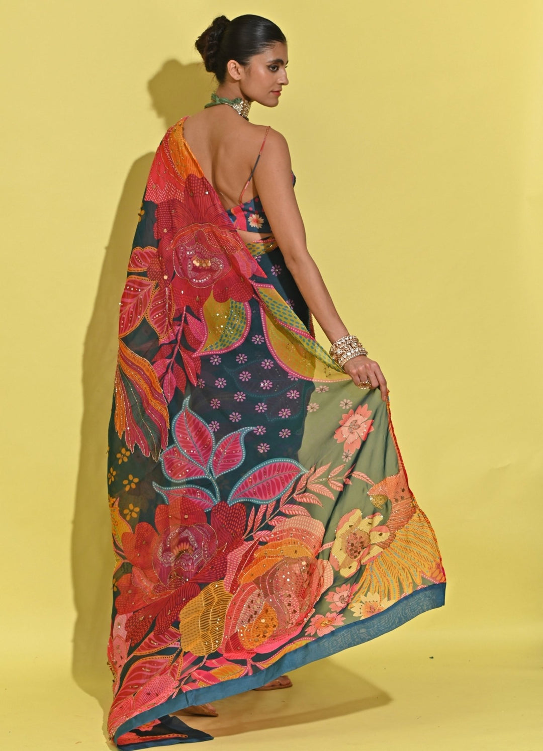 Rishi And Vibhuti Blue Printed Organza Saree With Corset BlouseFabilicious Fashion