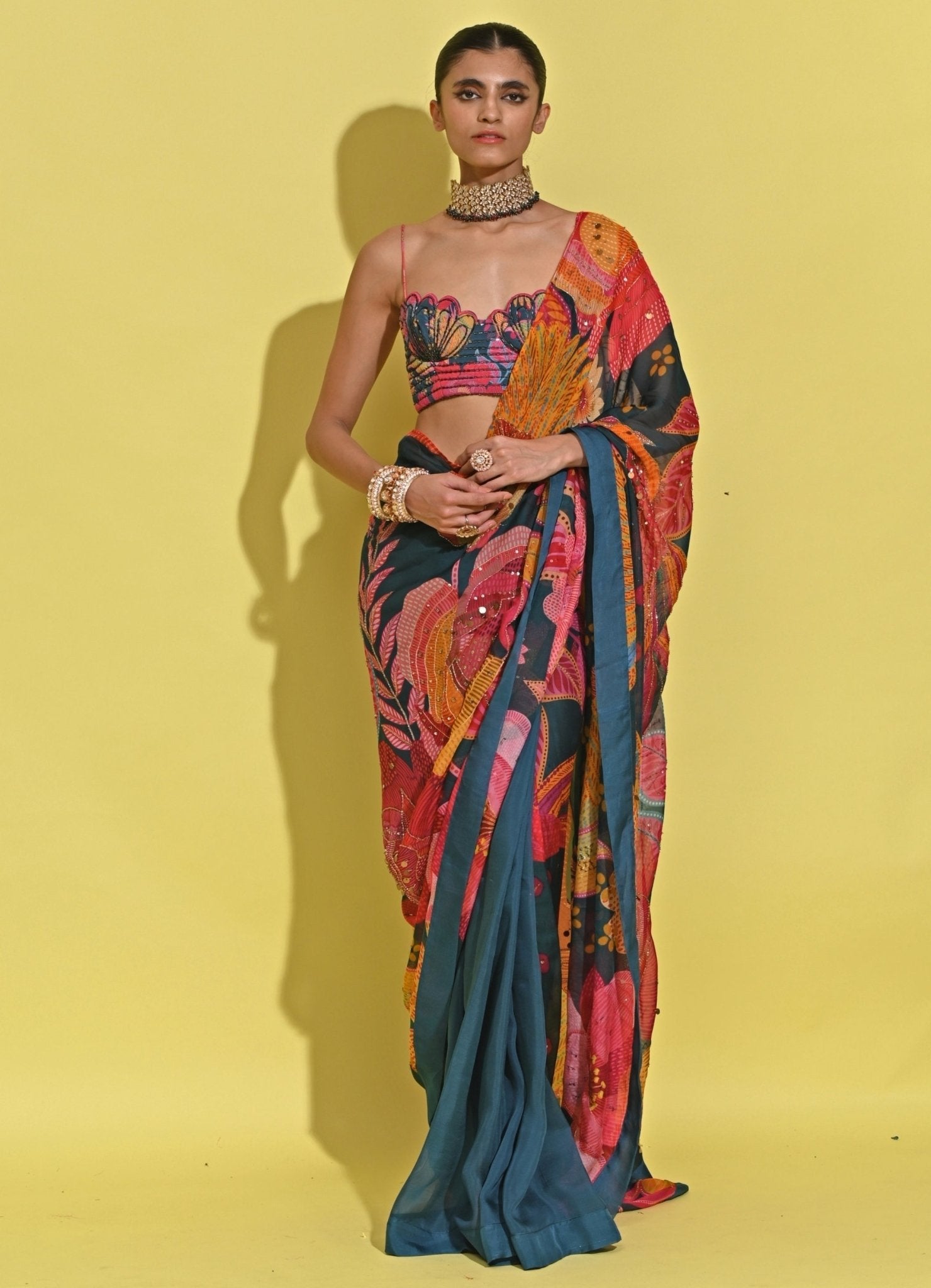 Blue Printed Organza Saree with Corset Blouse by Rishi and Vibhuti — printed wedding saree for guest