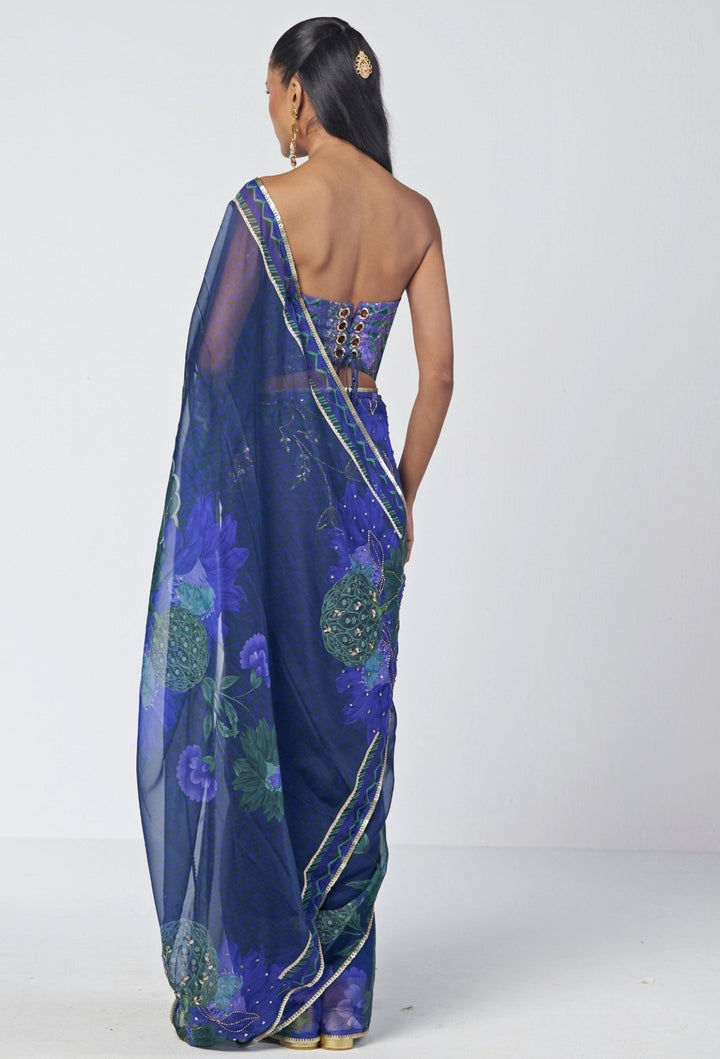 Rishi and Vibhuti Blue Printed Organza Saree With CorsetFabilicious Fashion