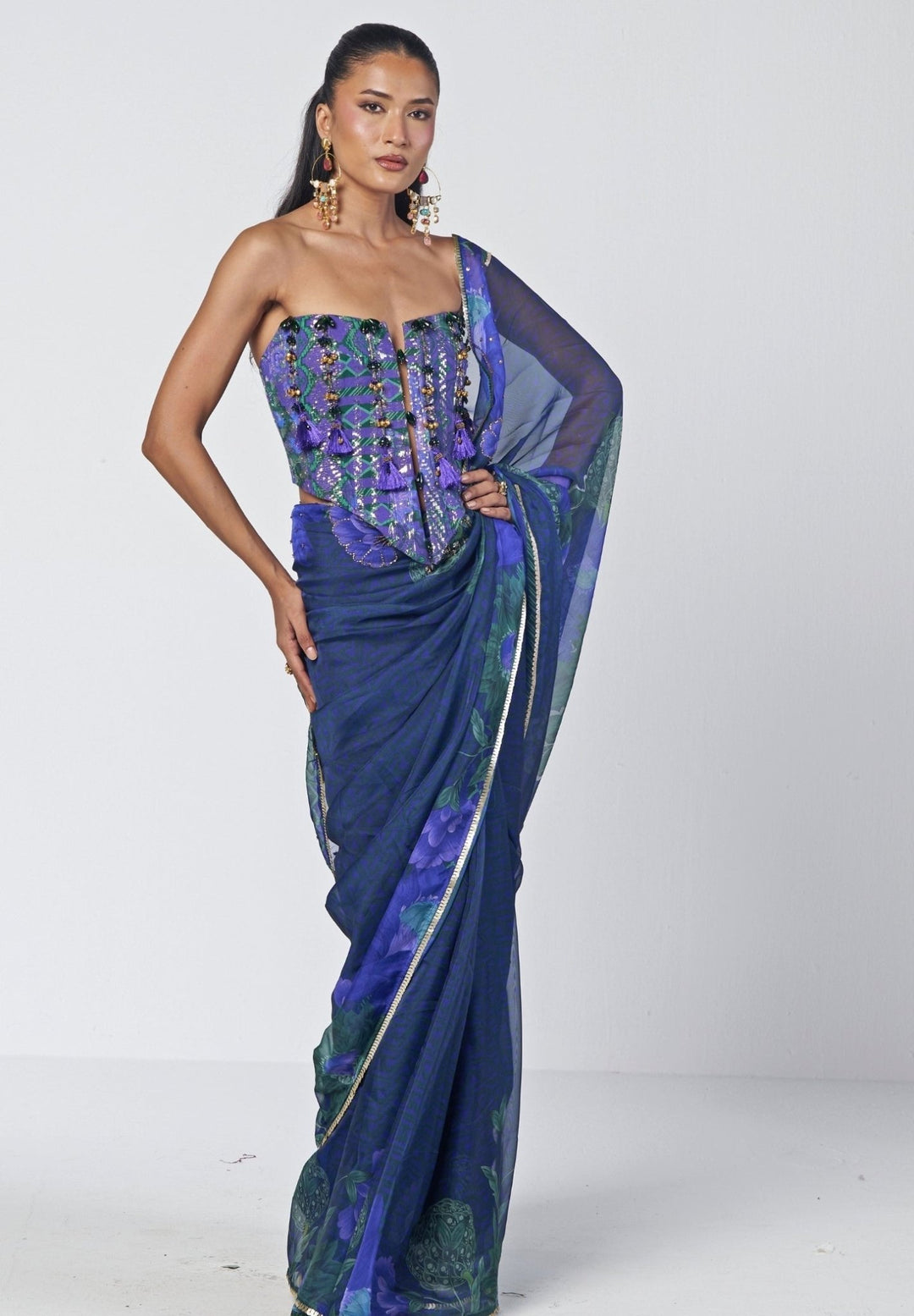 Rishi and Vibhuti Blue Printed Organza Saree With CorsetFabilicious Fashion