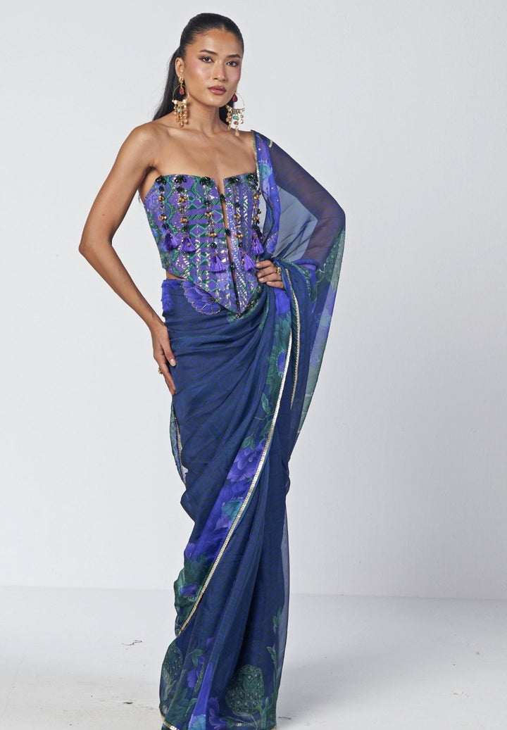 Rishi and Vibhuti Blue Printed Organza Saree With CorsetFabilicious Fashion